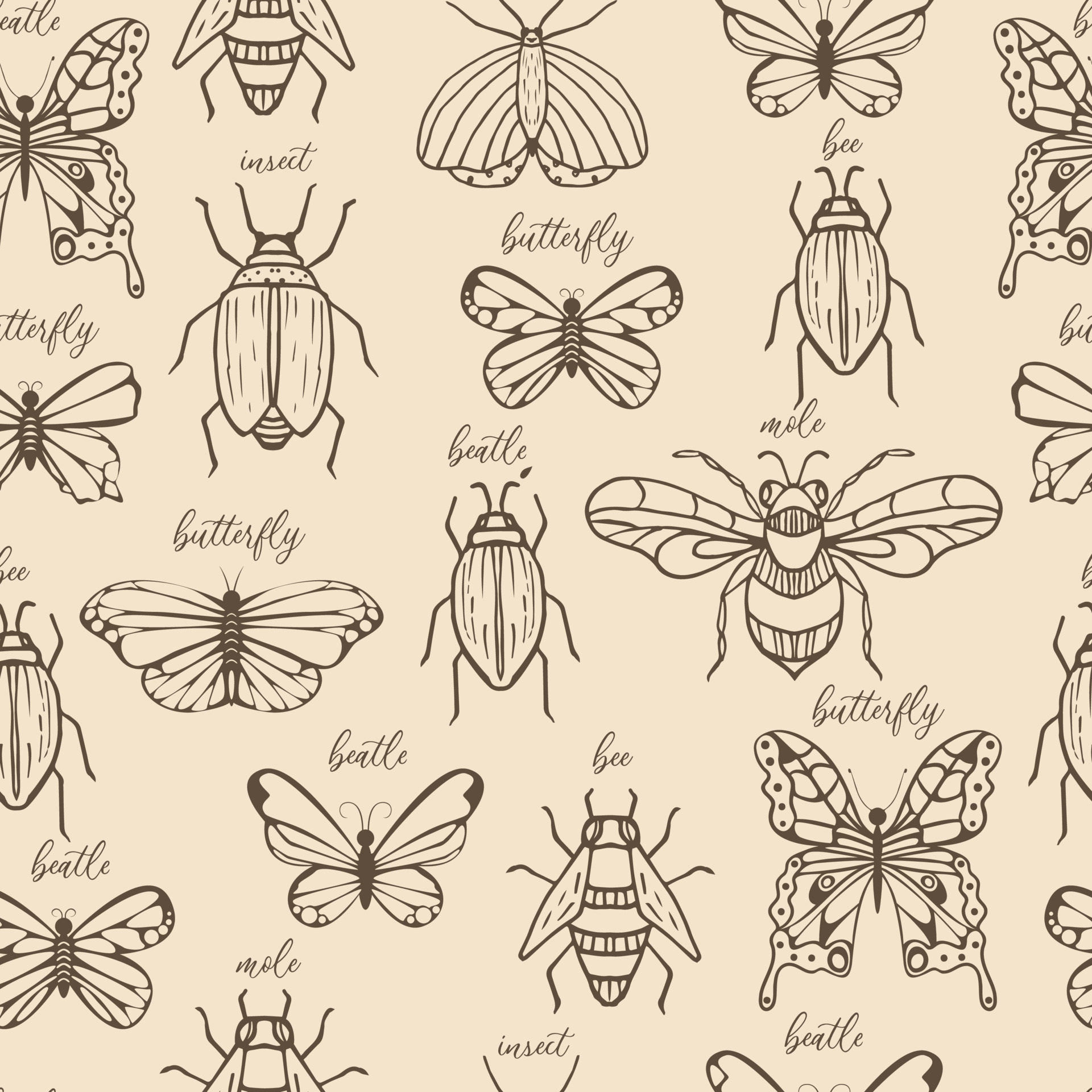 Seamless pattern with insects. Beetle, bee, bug, butterfly, mole. Print