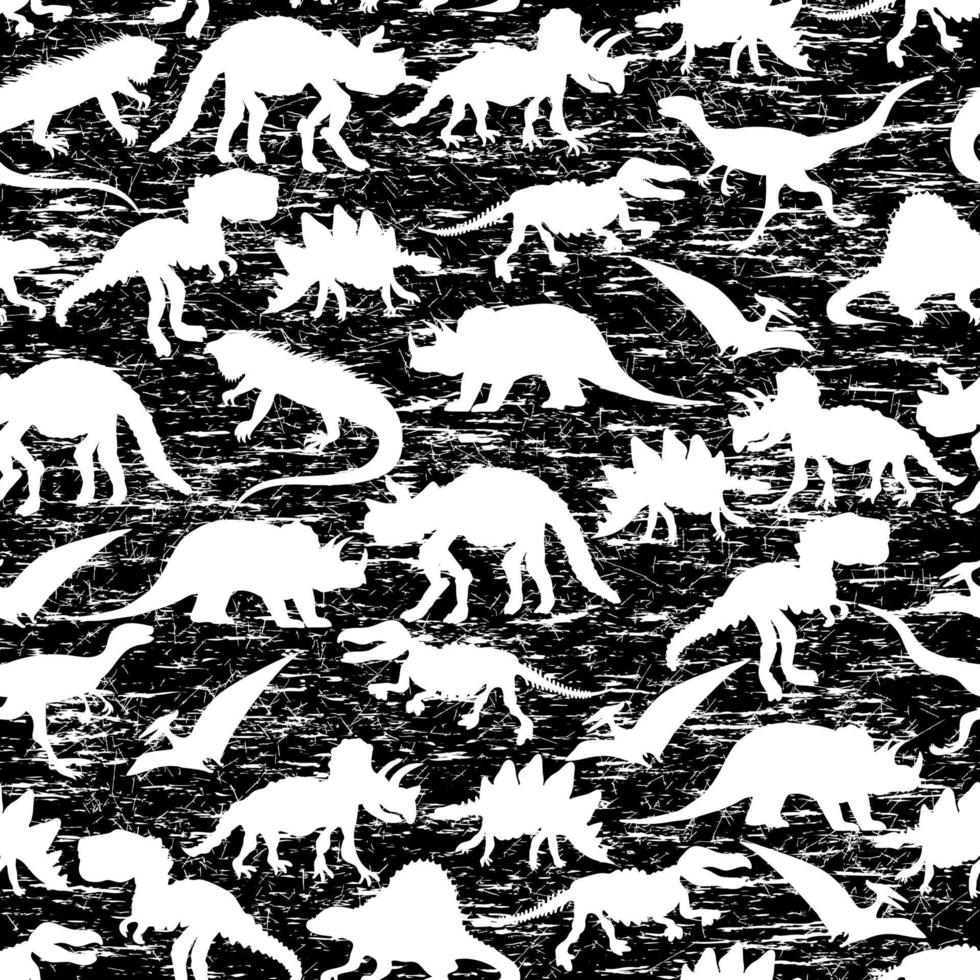 Silhouette of dinosaurs pattern. Vector seamless pattern with dinosaurs and scratches.