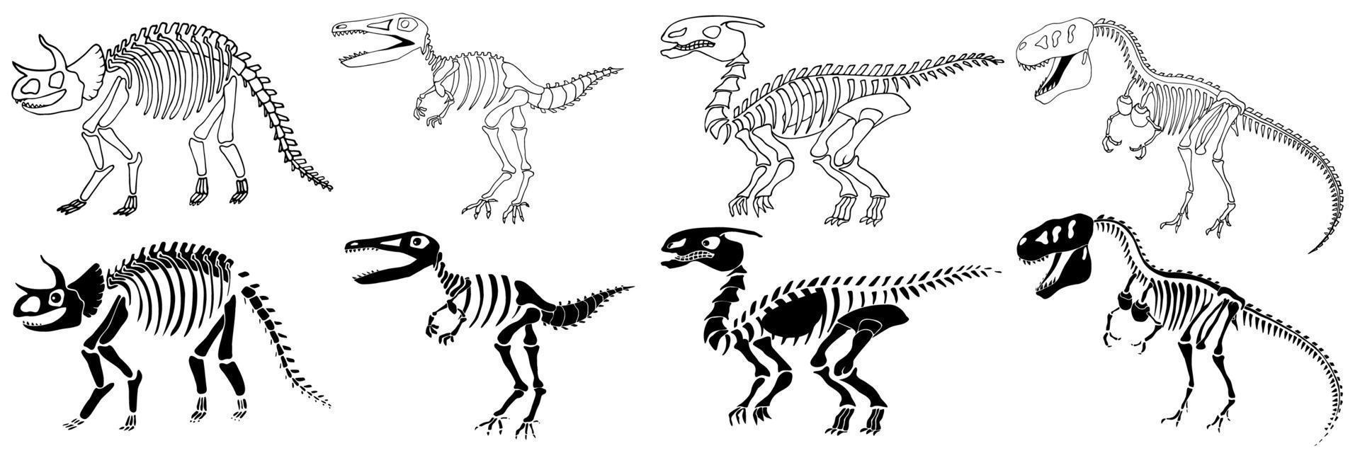 Conjunto de esqueletos de dinosaurios. siluetas de huesos de dinosaurio, objetos aislados. vector