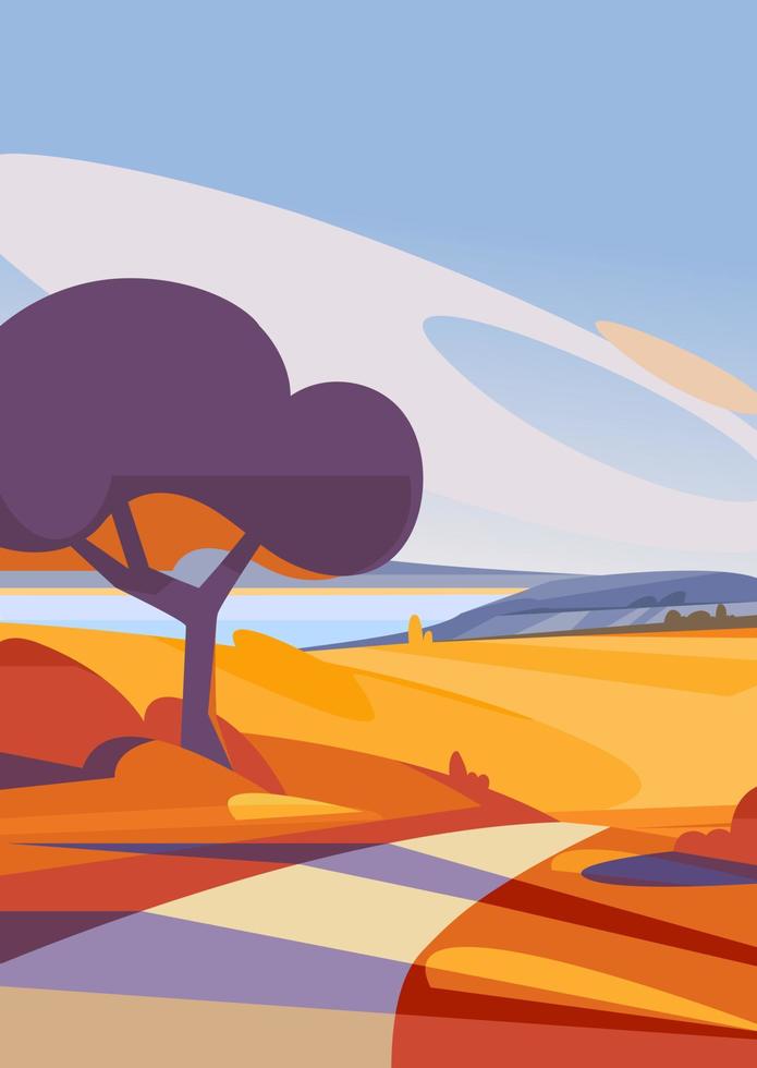 Autumn landscape with road to the lake in vertical orientation. vector