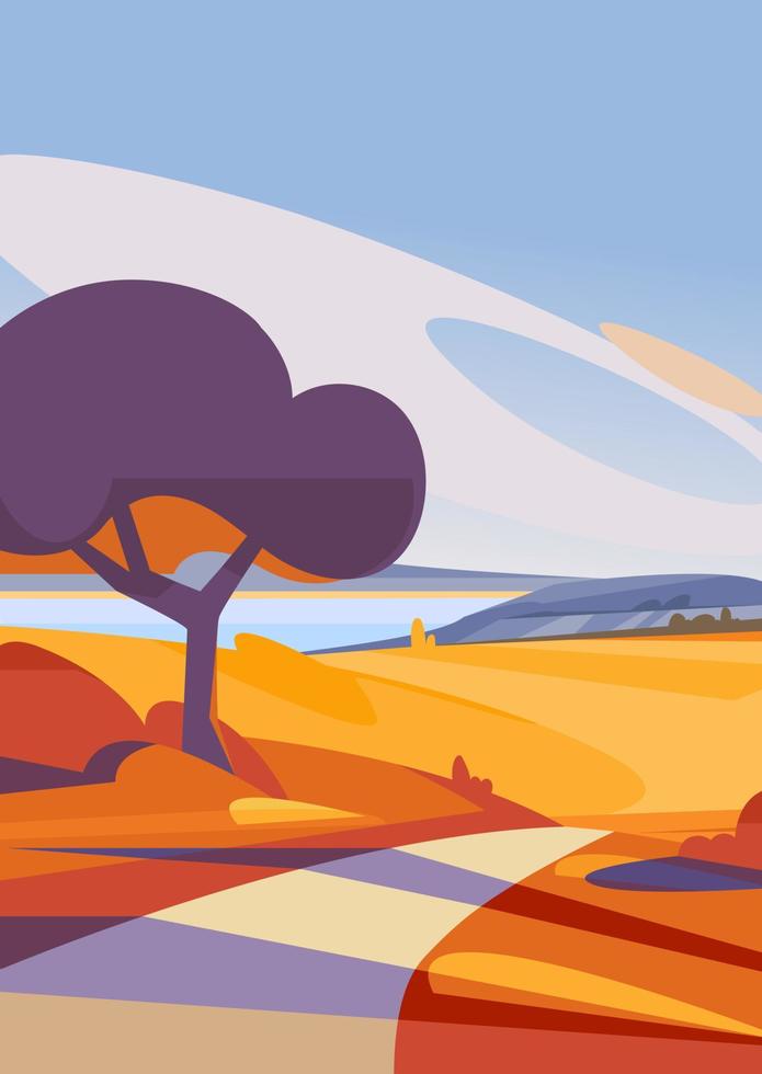 paisaje otoñal con camino al lago en orientación vertical. vector