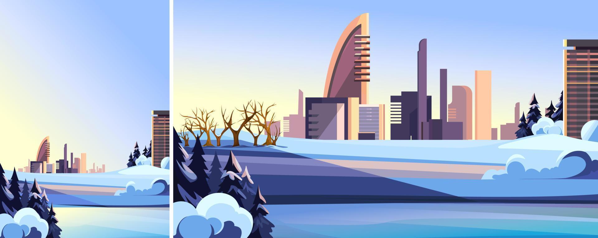 Different formats of illustration with city in winter season. vector