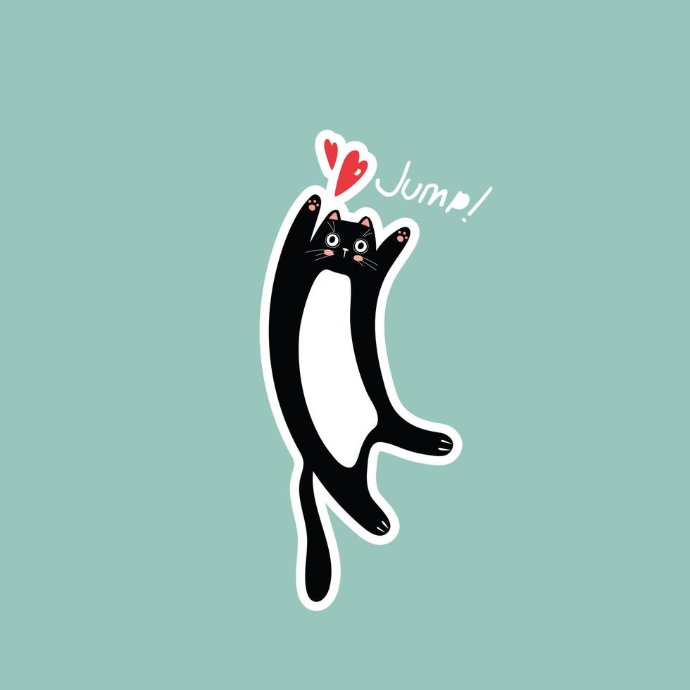 illustration sticker with black cat and red heart on blue background drawing for valentine's day vector