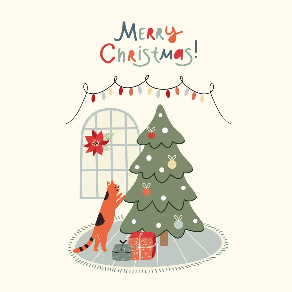 illustration christmas scene home decor,  card with lettering vector