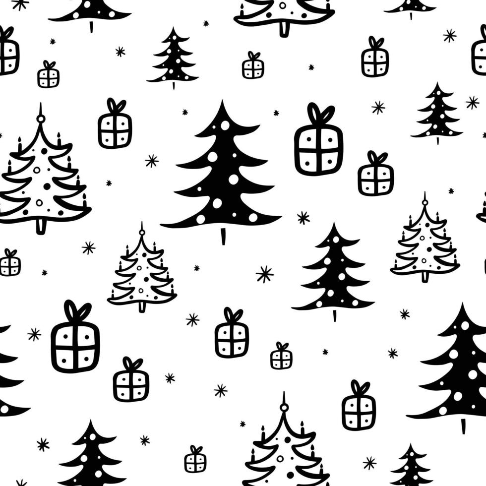 seamless pattern with winter illustrations of fir trees and gifts, christmas background on light background vector