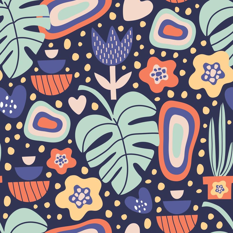 patrón abstracto sin fisuras en estilo doodle sobre fondo azul con flores y hojas vector
