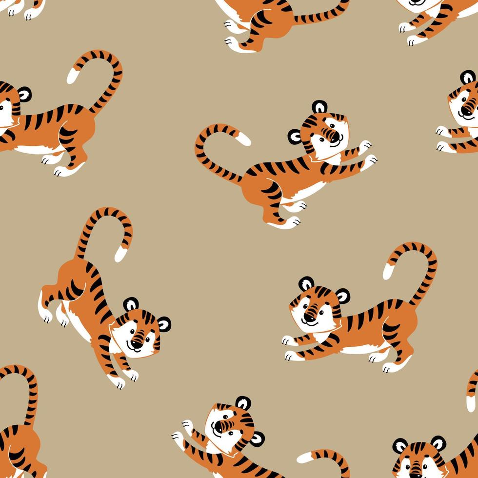 seamless  pattern with cute cartoon animals tiger, illustration in flat style vector