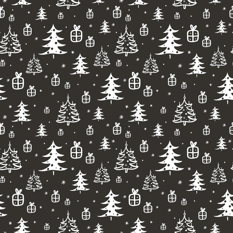 seamless pattern with winter illustrations of fir trees and gifts, christmas background on dark background vector