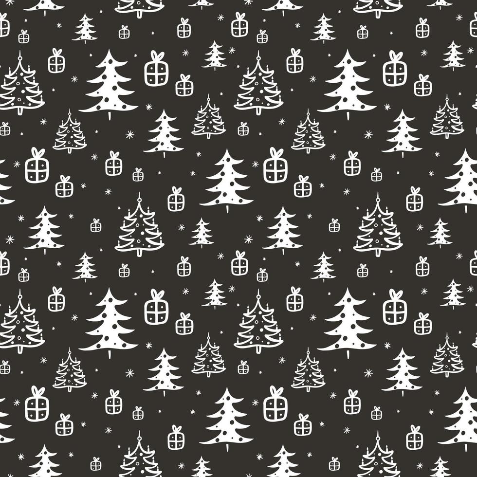 seamless pattern with winter illustrations of fir trees and gifts, christmas background on dark background vector