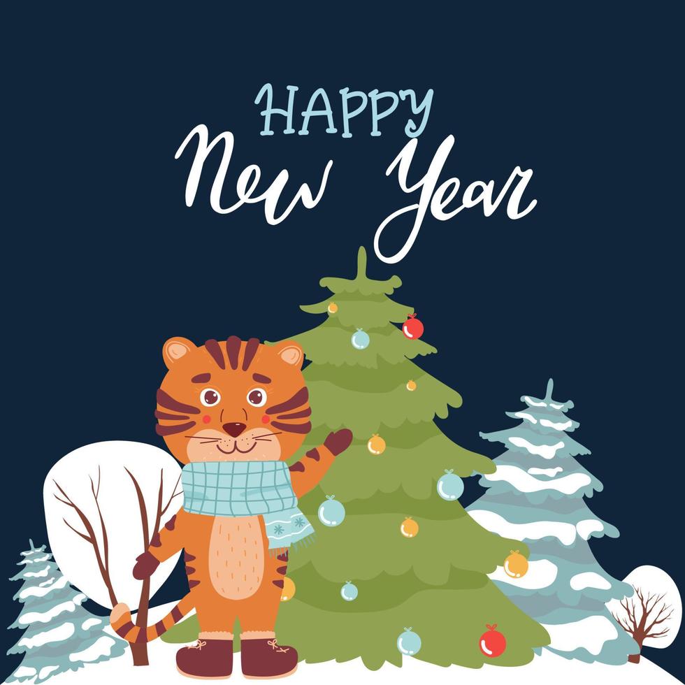 Greeting Christmas cards with tigers. Tiger with a Christmas tree. Tiger with gifts. Vector illustration. Happy New Year