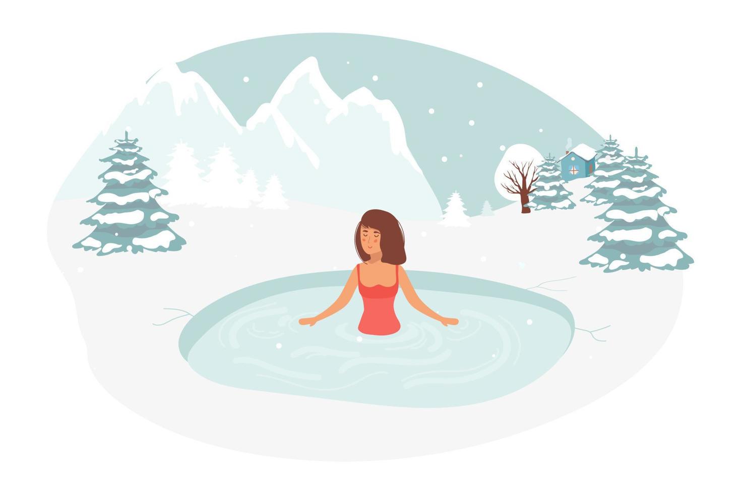 personaje femenino nadando en el hielo. desafío de estilo de vida saludable, concepto de actividad deportiva. agujero en la temporada de invierno. temperamento de mujer, desafío de estilo de vida saludable, actividad deportiva. paisaje de ilustración vectorial vector