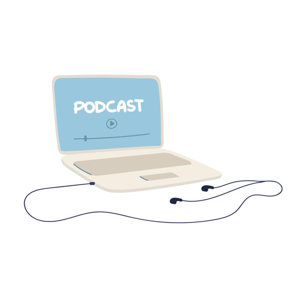 Escuche el diseño de concepto de podcast. portátil con auriculares. pódcast. pantalla de portátil con auriculares. ilustración de banner de vector. Dibujo a mano vector