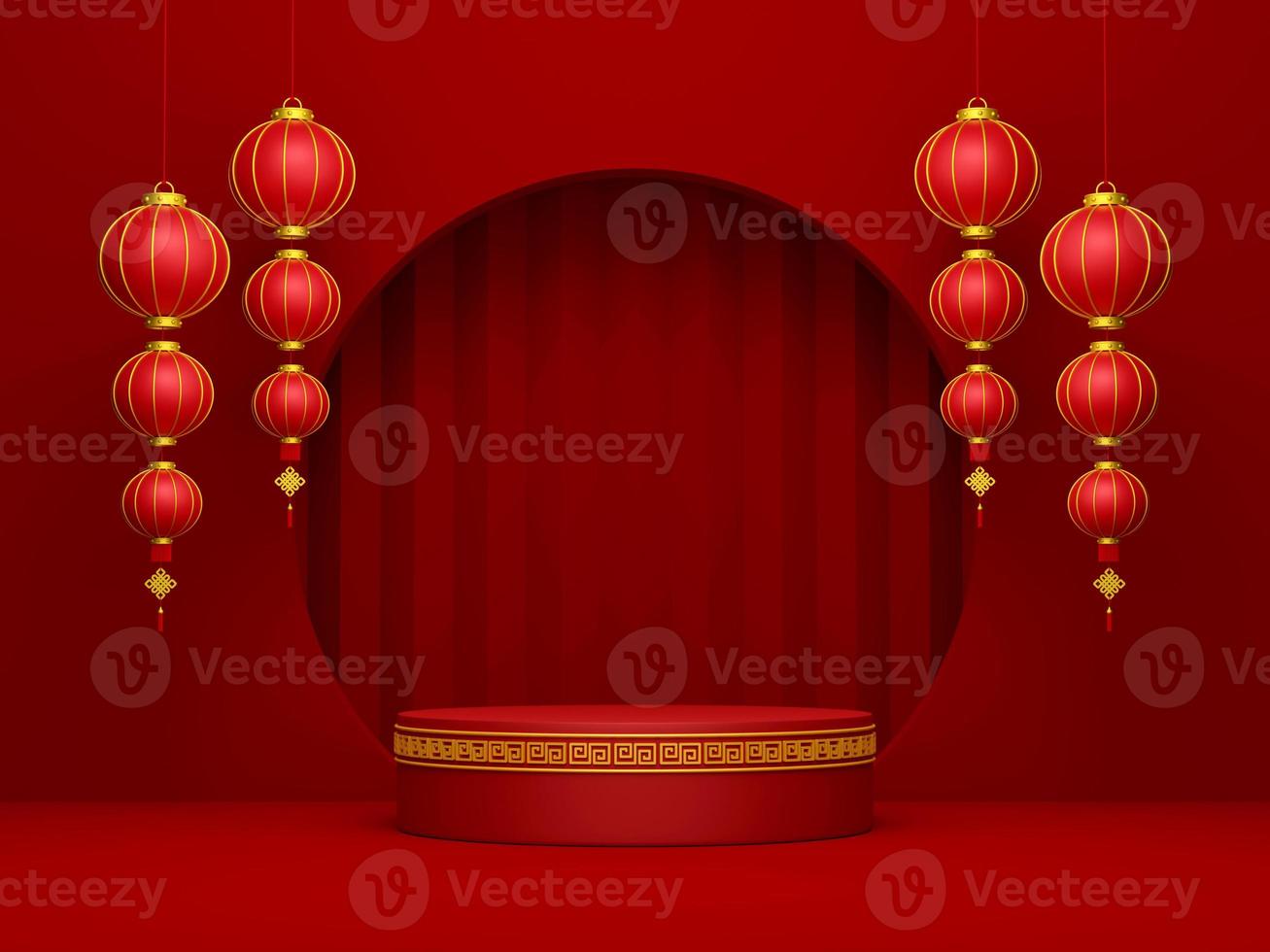 3d illustration of podium with Chinese lantern, Happy Chinese New Year photo