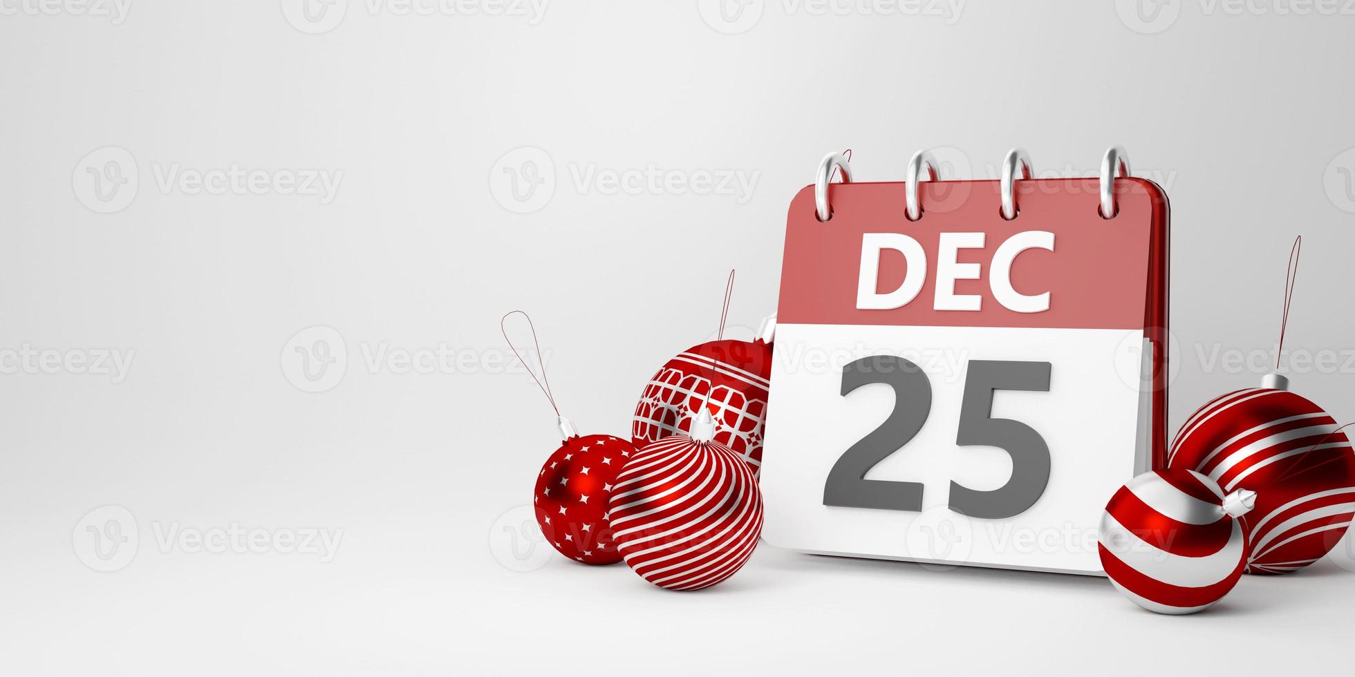 Bola de Navidad con calendario del día de Navidad sobre fondo blanco, ilustración 3d foto