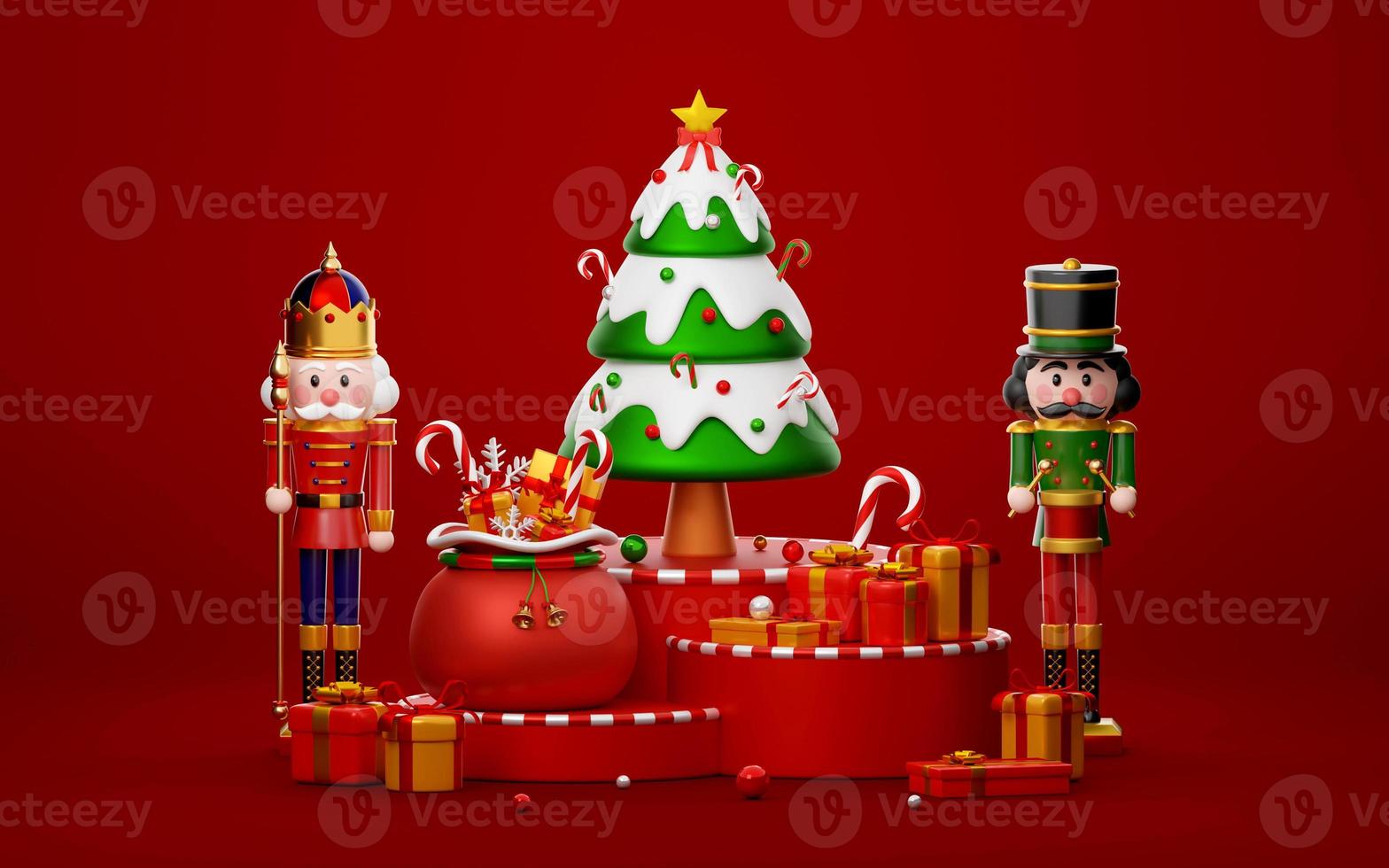 Nutcracker standing by Christmas tree and presents on podium, 3d illustration photo