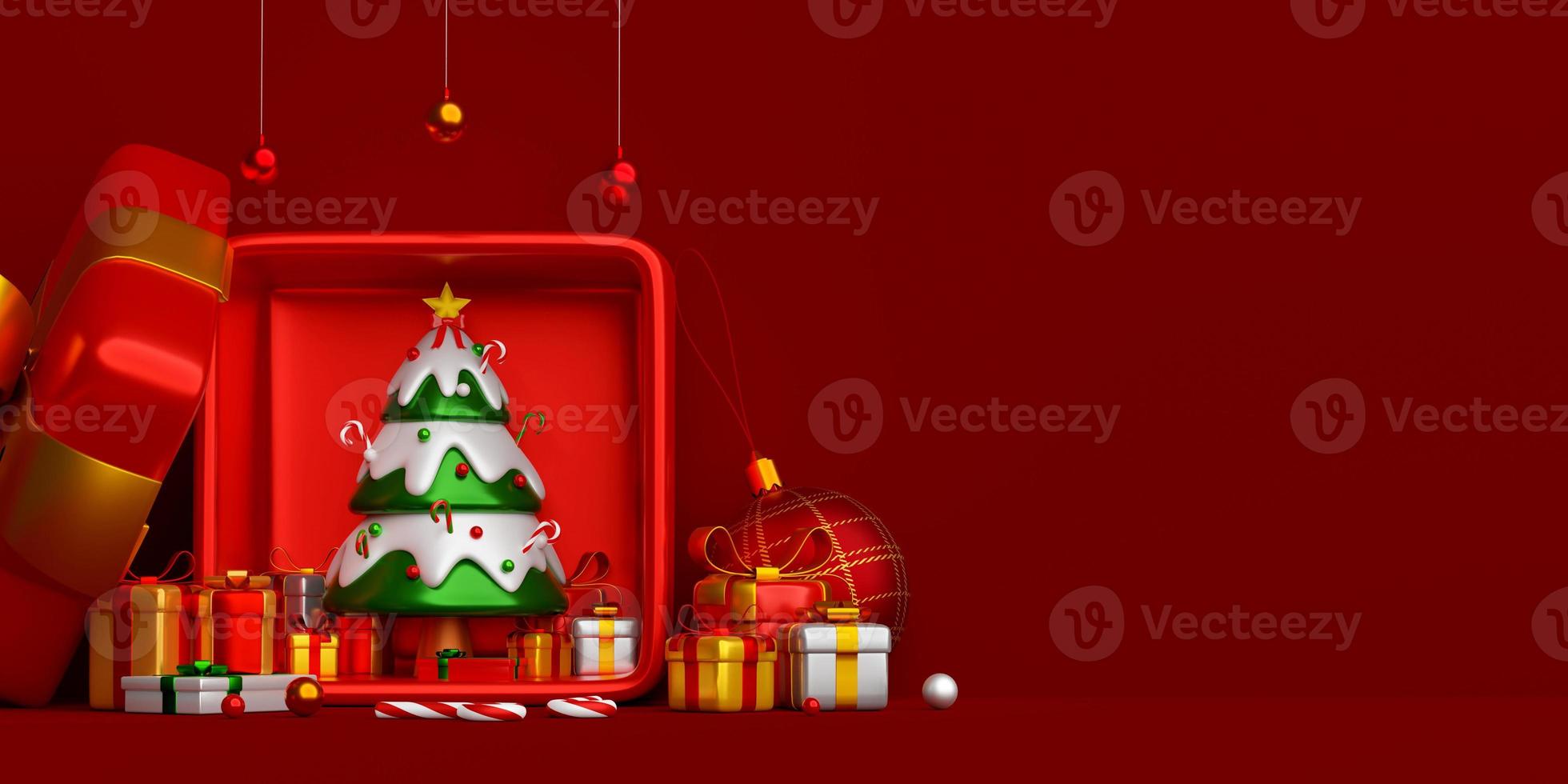 3d illustration of Christmas banner of Christmas tree and gift box on red background photo
