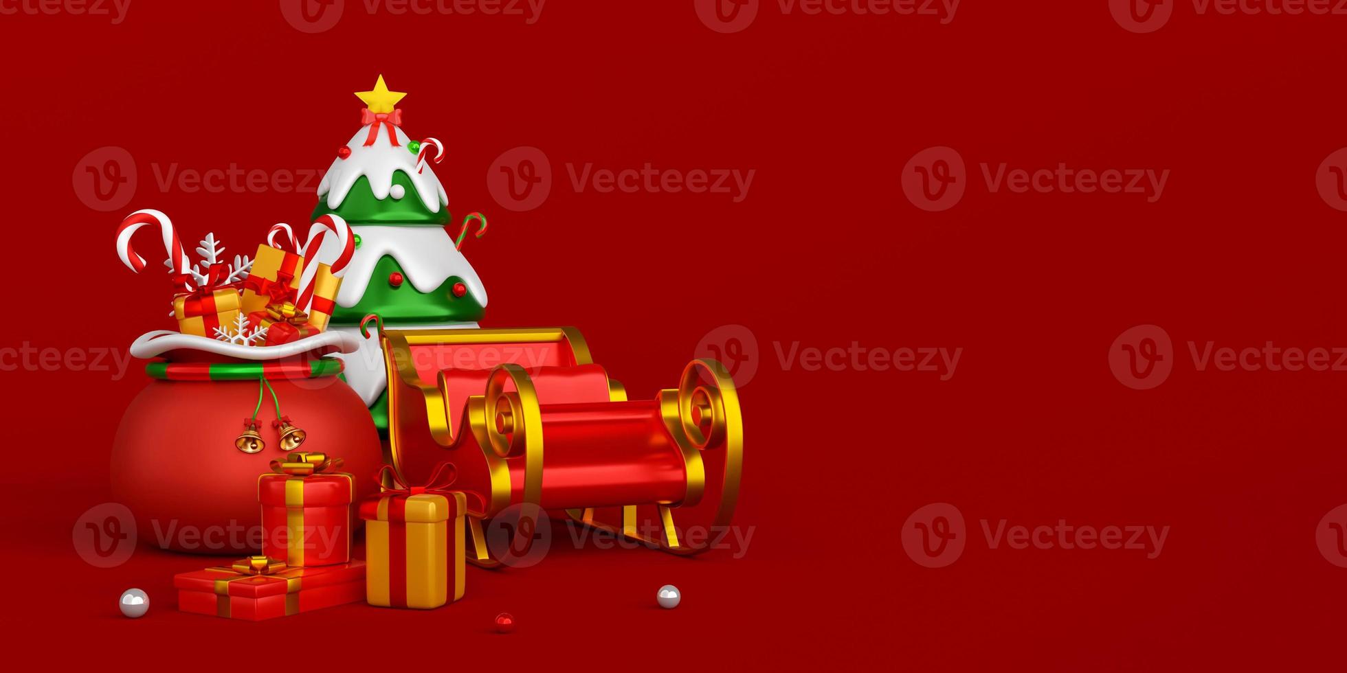 Christmas banner of Christmas bag and sleigh on red background, 3d illustration photo