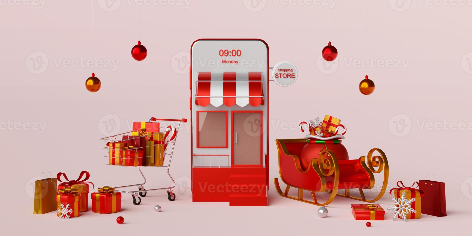 Banner de Navidad de compras navideñas en línea en concepto de teléfono inteligente, ilustración 3d foto