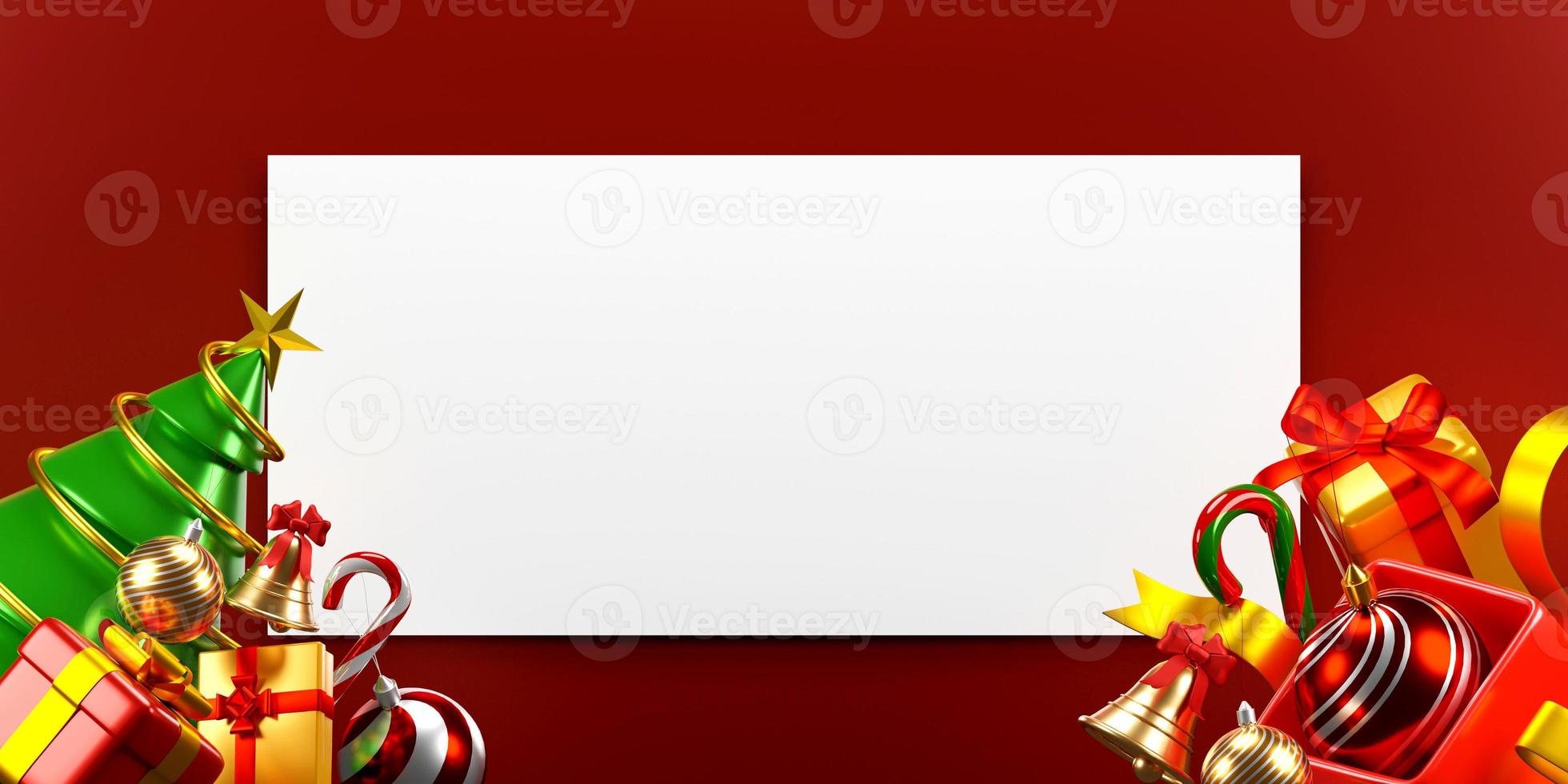 White paper mockup on red background with Christmas ornaments, 3d illustration photo