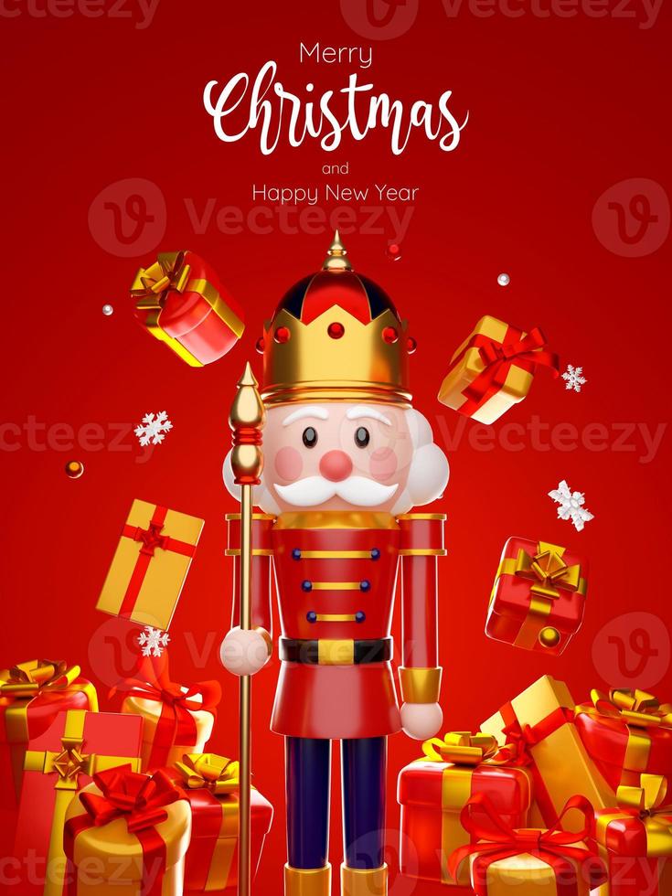 3d illustration of nutcracker with Christmas gift on red background photo