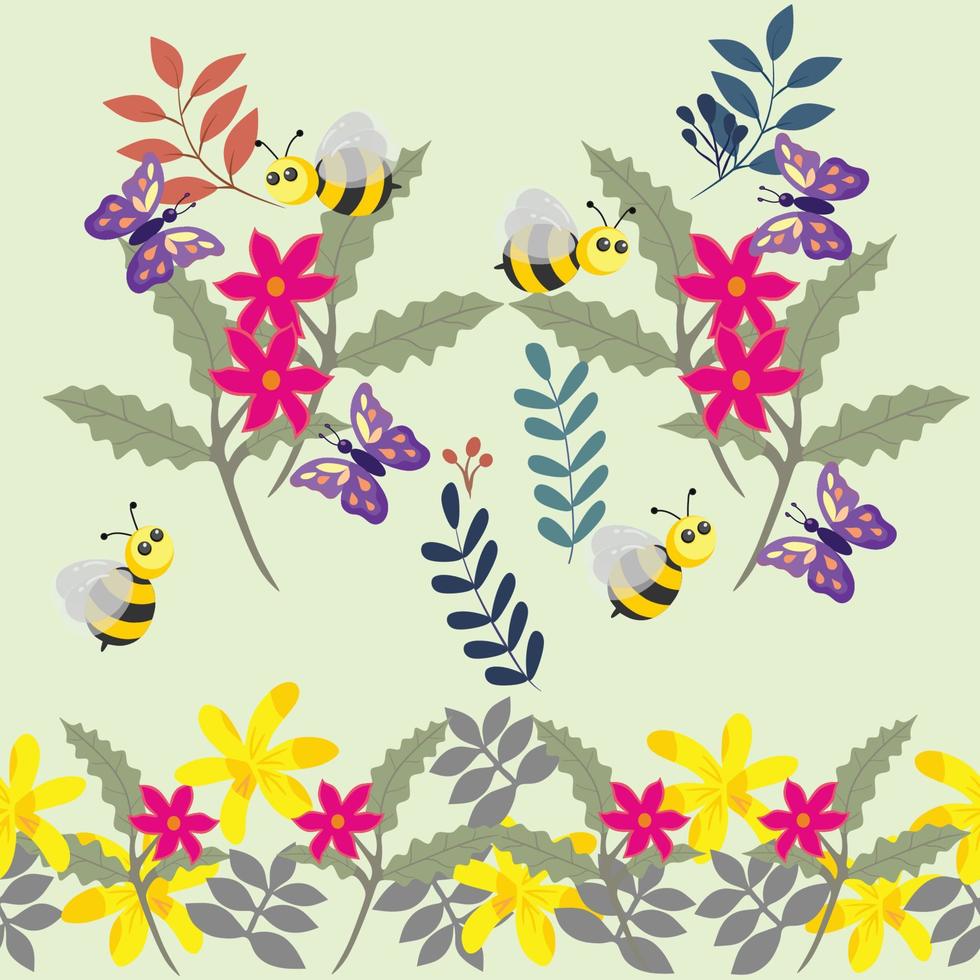 hoja de flor con abeja y mariposa vector
