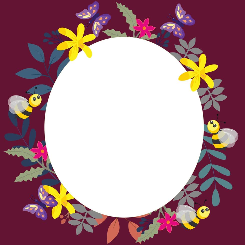flower leaf, bee and butterfly for frame vector