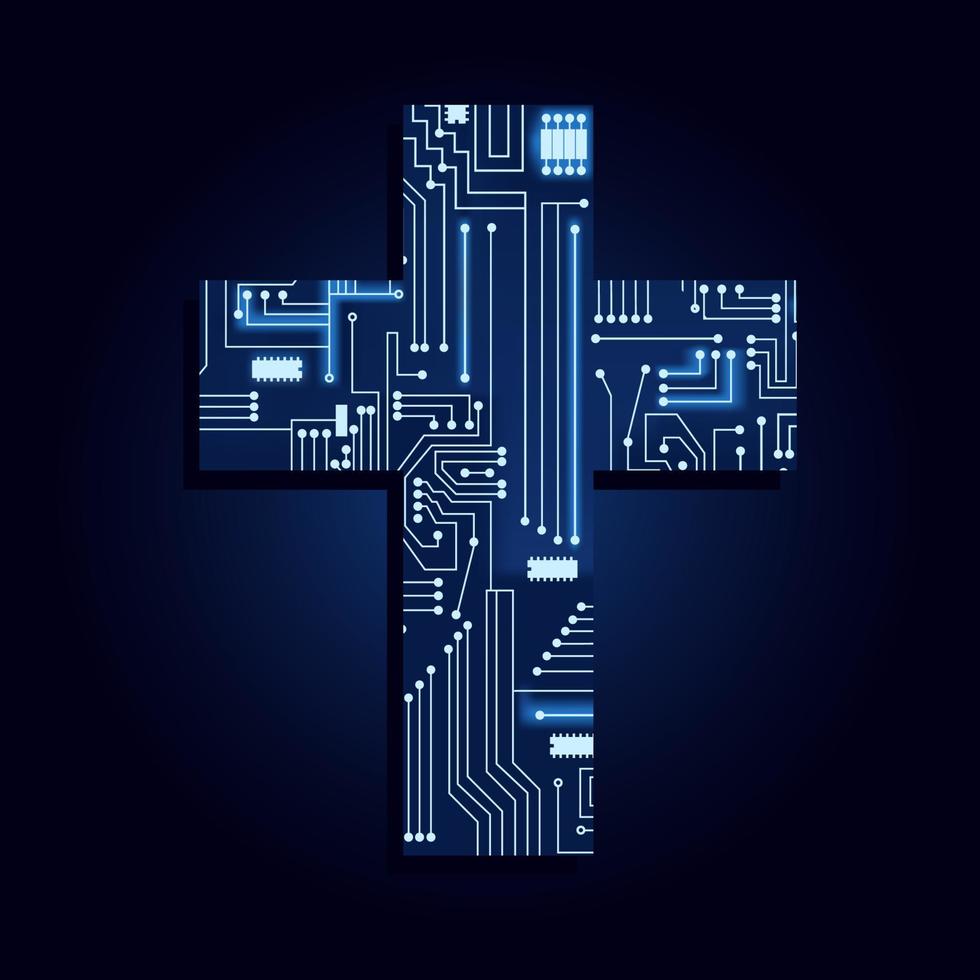Cross symbol with a technological electronics circuit. Blue background. vector