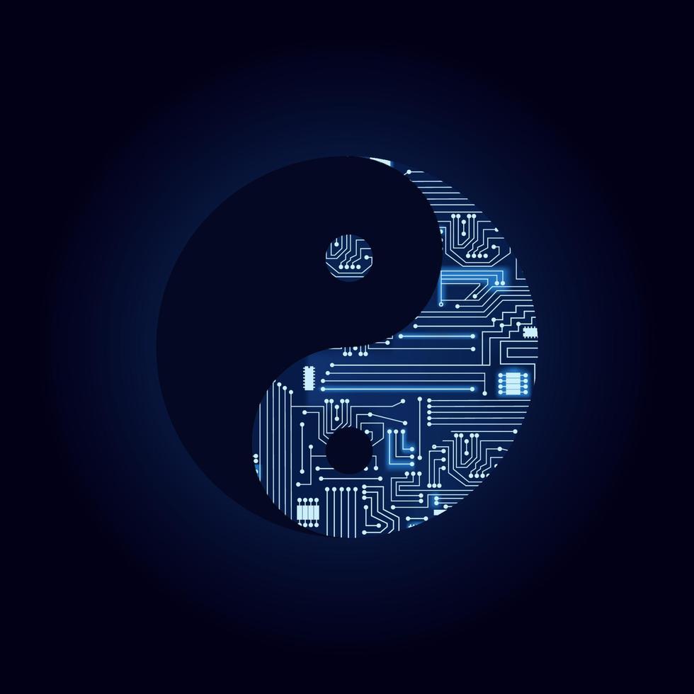 Yin yang symbol with a technological electronics circuit. Blue background. vector