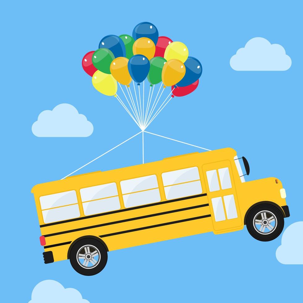 School bus rising with balloons. School bus hanging from helium balloons, floating and soaring in the sky. vector