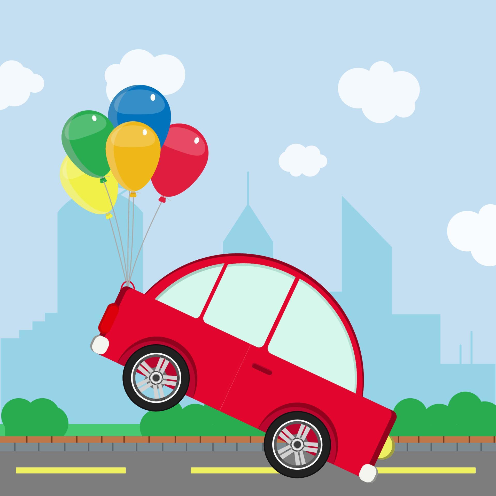 Bunch of colorful balloons taking a car off the road. Skyline of a city
