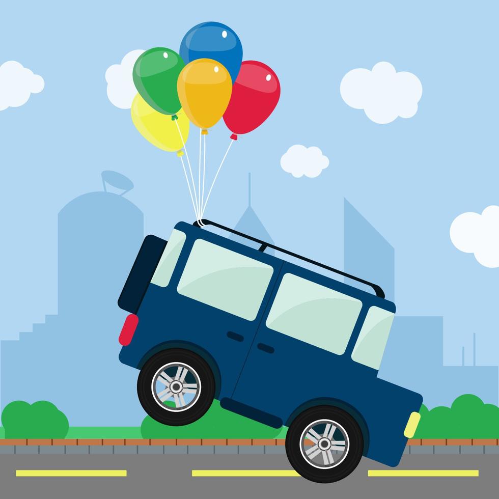 montón de globos de colores sacando un coche 4x4 de la carretera. horizonte de una ciudad en el fondo. conceptual. ilustración vectorial que representa un sueño, fantasía. Carro volador. vector