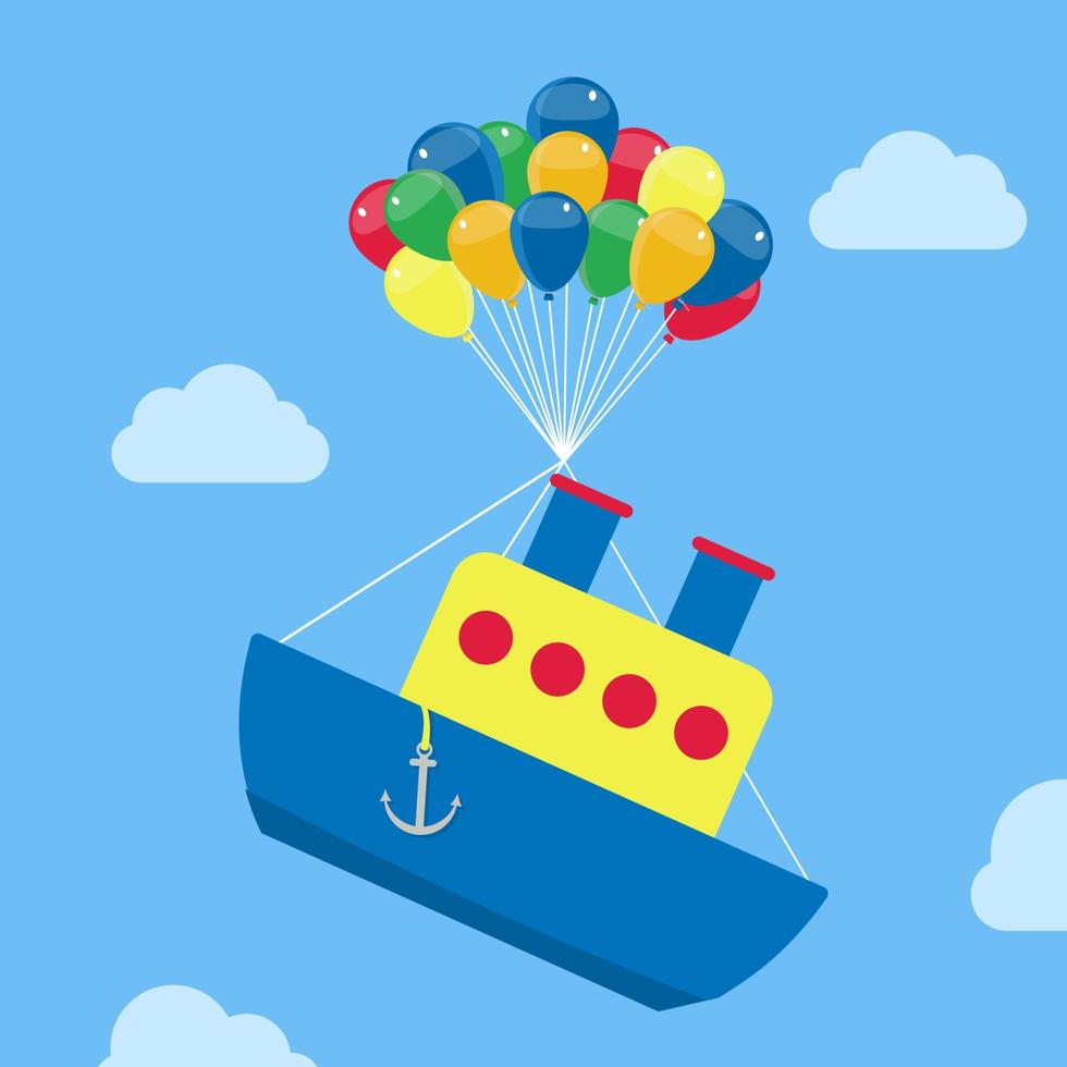 nave subiendo con globos. barco colgado de globos de helio, flotando y elevándose en el cielo. vector