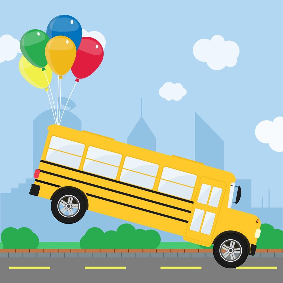 montón de globos de colores sacando un autobús escolar de la carretera. horizonte de una ciudad en el fondo. conceptual. ilustración vectorial que representa un sueño, fantasía. Carro volador. vector