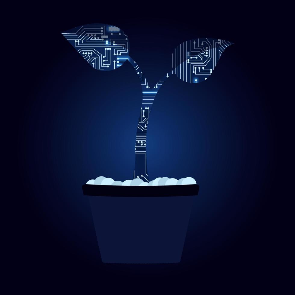 Plant in a vase with a technological electronics circuit. Blue background. vector