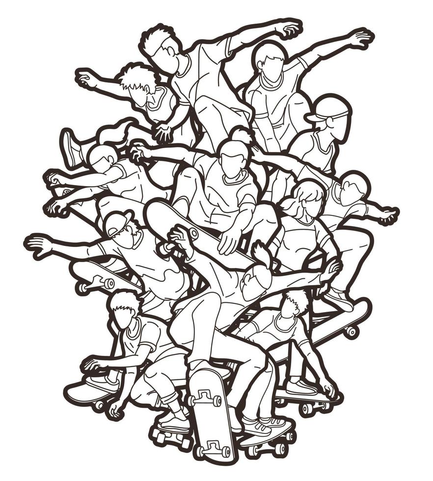 Outline Group of Skateboarder Playing Skateboard vector