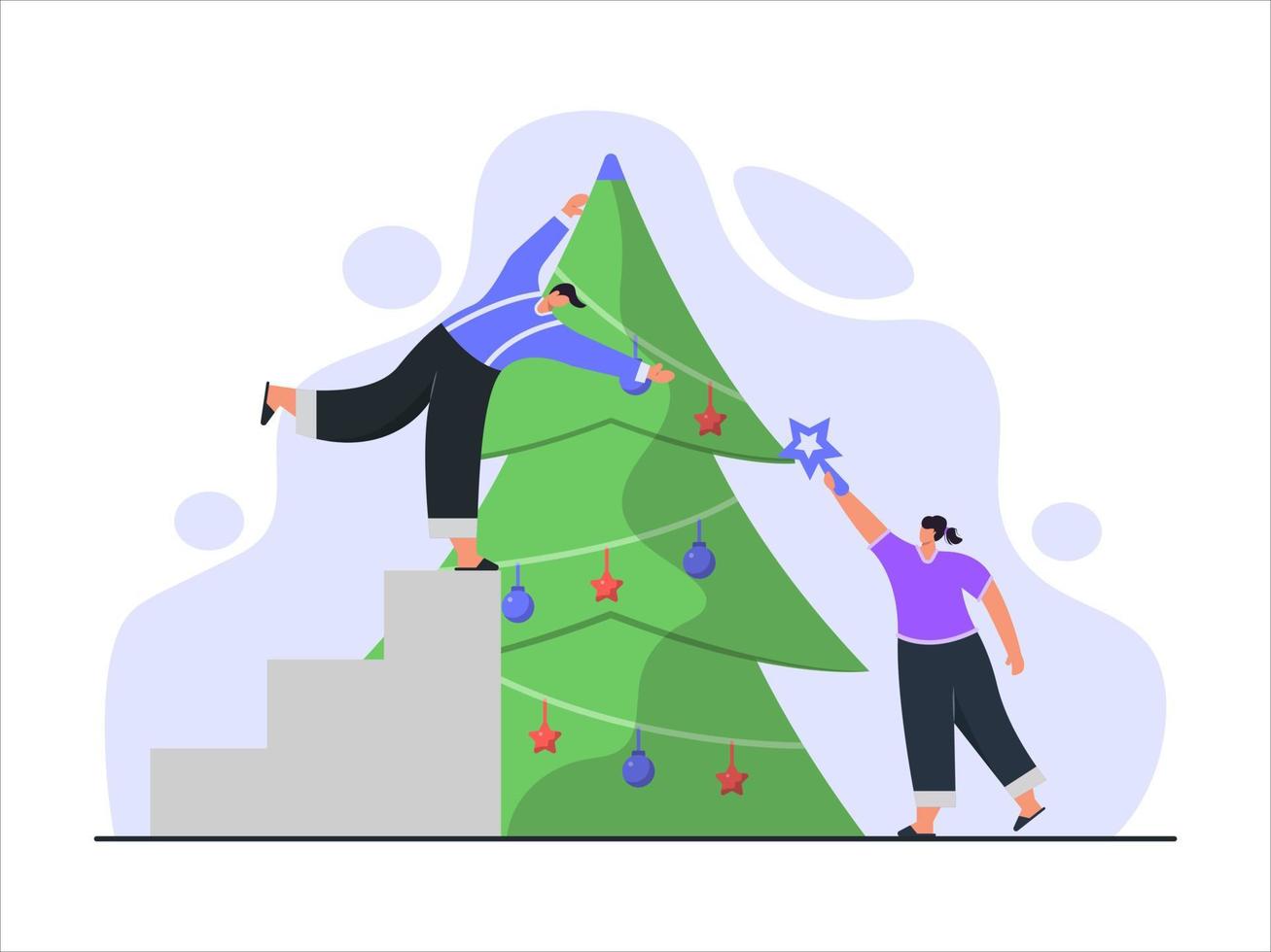 Couple Decorating Tree For Christmas vector