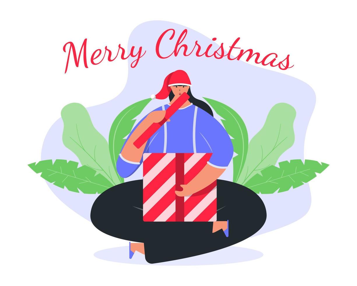 Happy Girl Opening Christmas Gift Concept Illustration vector