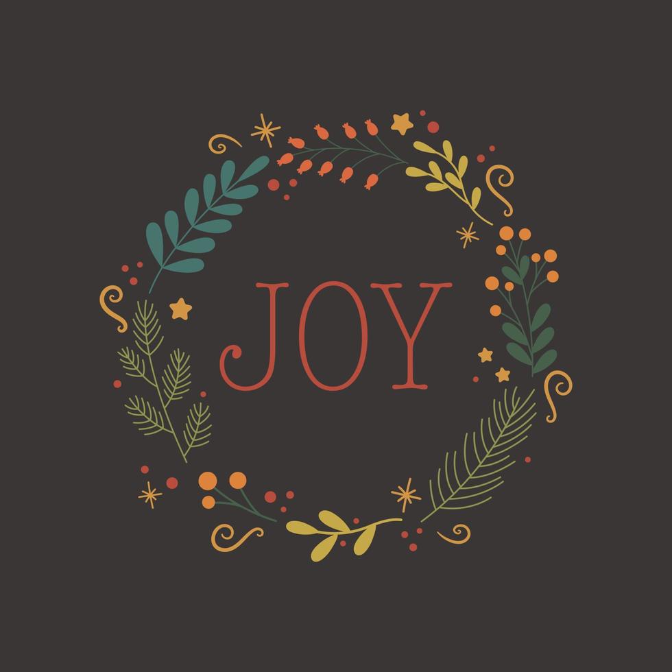 Joy lettering inside foliage wreath. Merry Christmas illustration vector