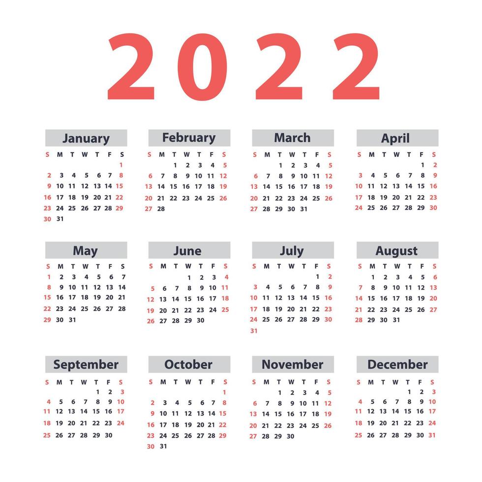 Calendar 2022 starting from Sunday. Vector illustration