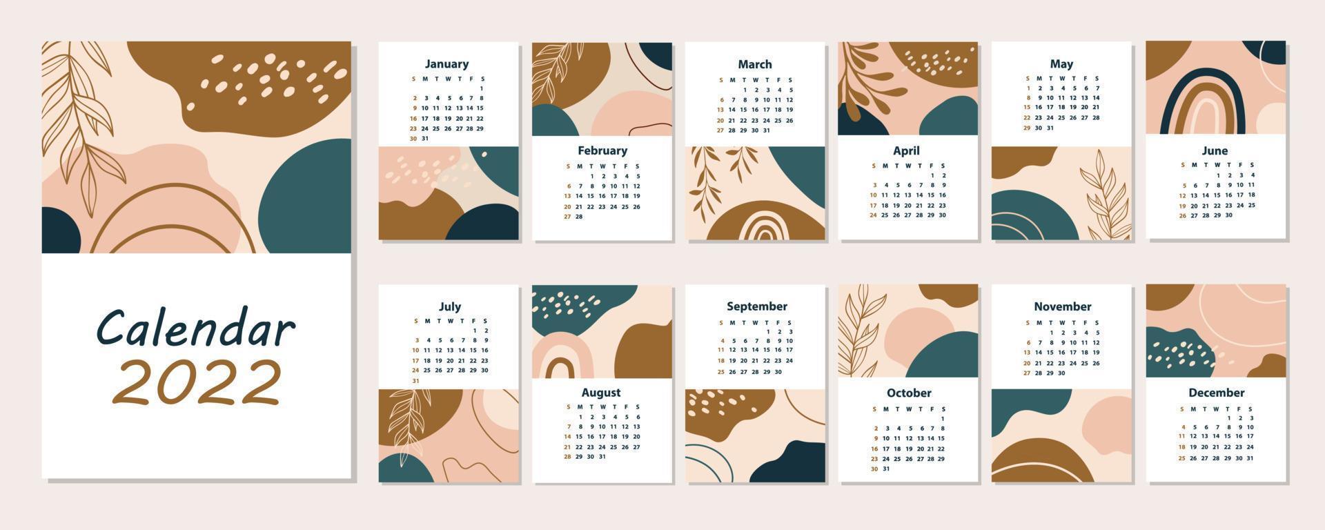 Resumen calendario 2022. establecer páginas de 12 meses. dibujado a mano varias formas y objetos de doodle. arte Moderno. formas minimalistas. ilustraciones vectoriales geométricas de moda. vector