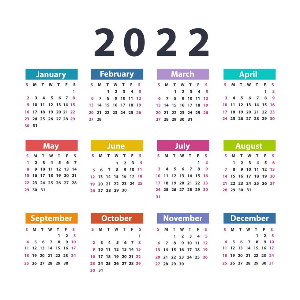 Calendar 2022 starting from Sunday. Vector illustration