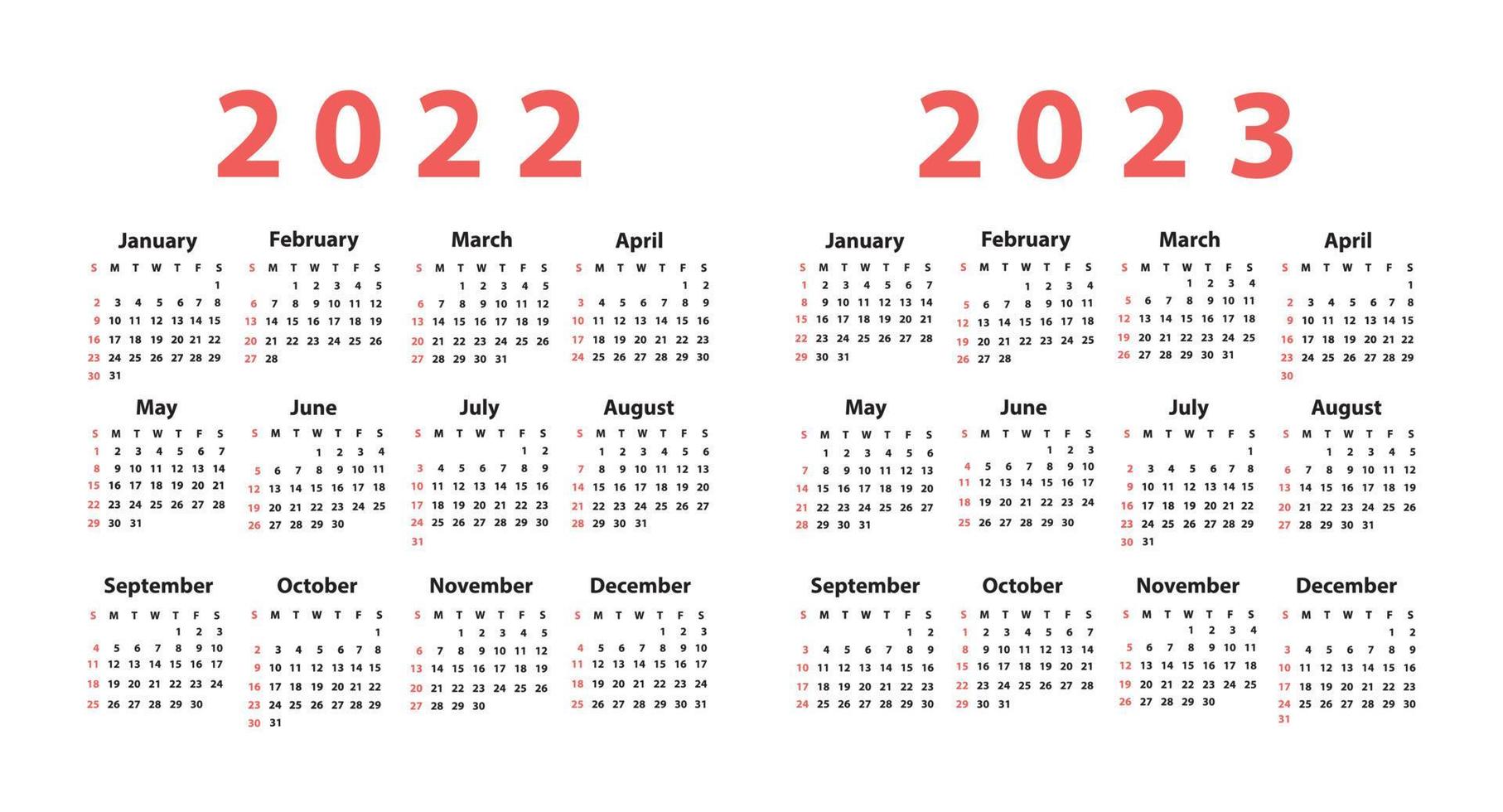 Calendar 2022 starting from Sunday. Vector