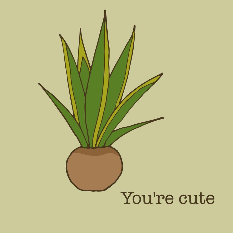 Vector illustration template for a postcard, business card, or advertising banner. Stock illustration. Postcard with a cactus. Aloe. You're cute. Vector illustration.
