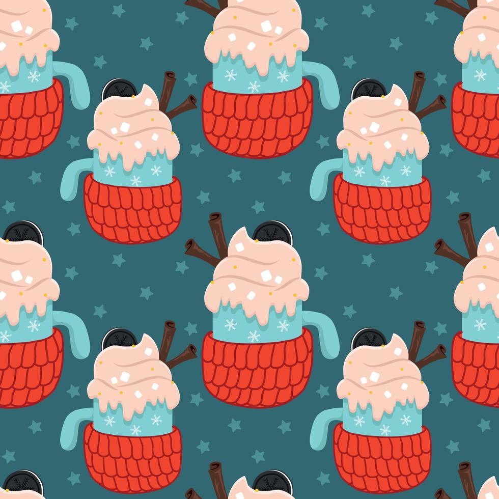 Vector seamless Christmas background with a hot drink in a wool cup holder cinnamon and whipped cream