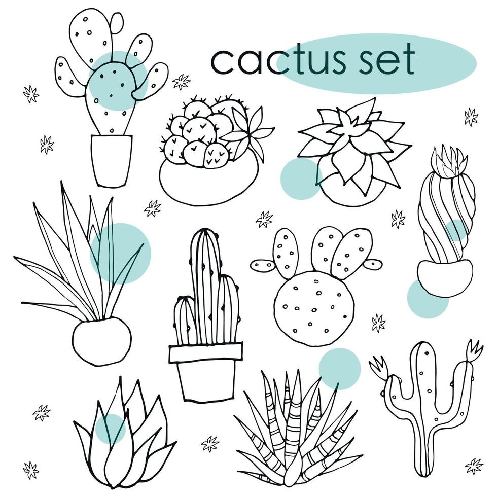 Vector illustration template for a postcard, business card, or advertising banner. Stock illustration. A set of painted cacti. Vector drawing.Cactus set.