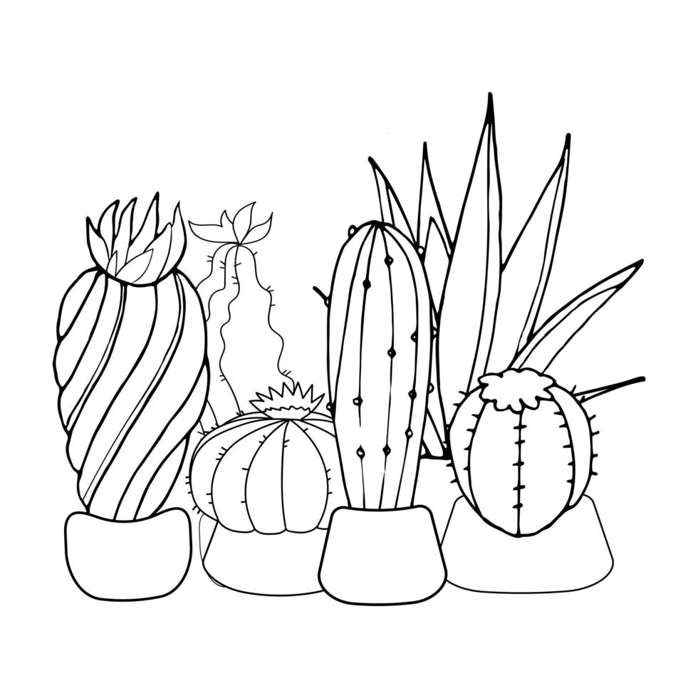 Set of cacti. Coloring. Outline illustration. Vector image.
