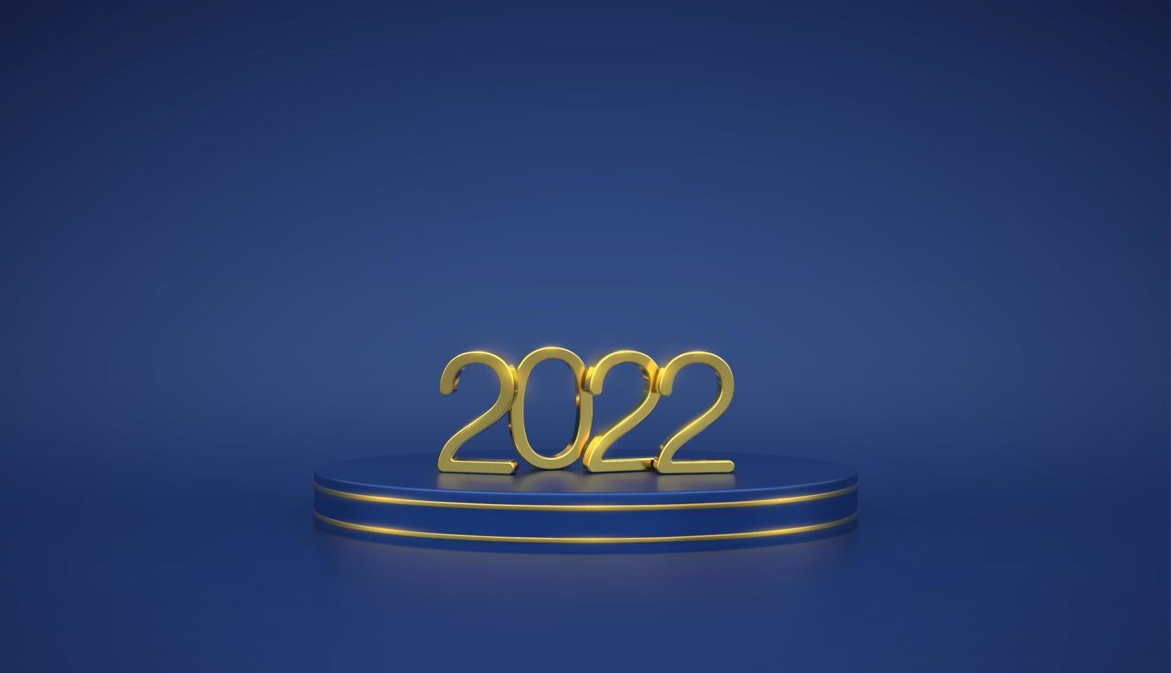 Happy New 2022 Year. 3D Golden metallic numbers 2022 on blue stage podium. Scene, 3D round platform on blue background. Banner, web poster, cover, holiday template. Vector realistic illustration.