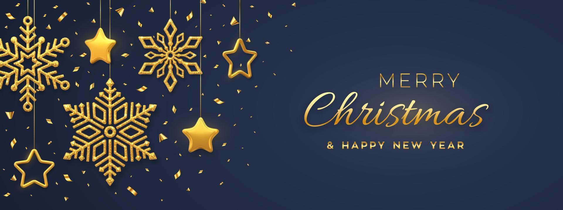 Fondo azul navideño con copos de nieve dorados brillantes colgantes y estrellas metálicas 3d. feliz navidad tarjeta de felicitación. cartel de vacaciones de navidad y año nuevo, banner web. ilustración vectorial. vector