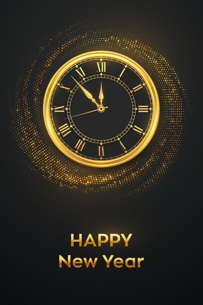 Happy New Year 2022. Golden shiny watch with Roman numeral and countdown midnight, eve for New Year on shimmering background. Bursting backdrop with glitters. Festive banner. Vector illustration.