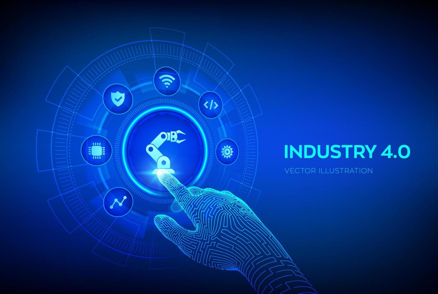 Smart Industry 4.0 concept. Factory automation. Autonomous industrial technology. Industrial revolutions steps. Robotic hand touching digital interface. Vector illustration.